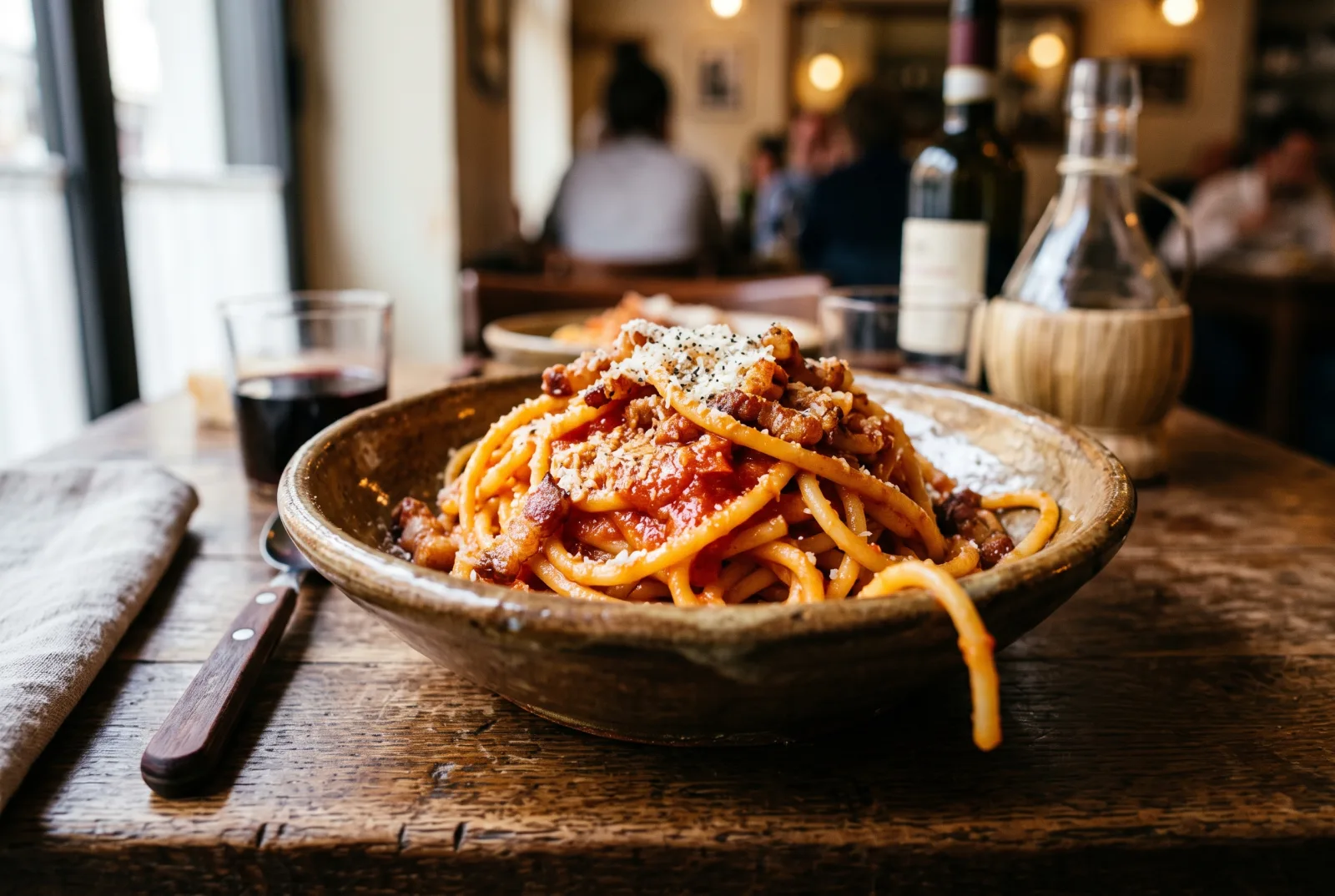 Pasta all'amatriciana da Sora Lella con guanciale, pomodoro e pecorino