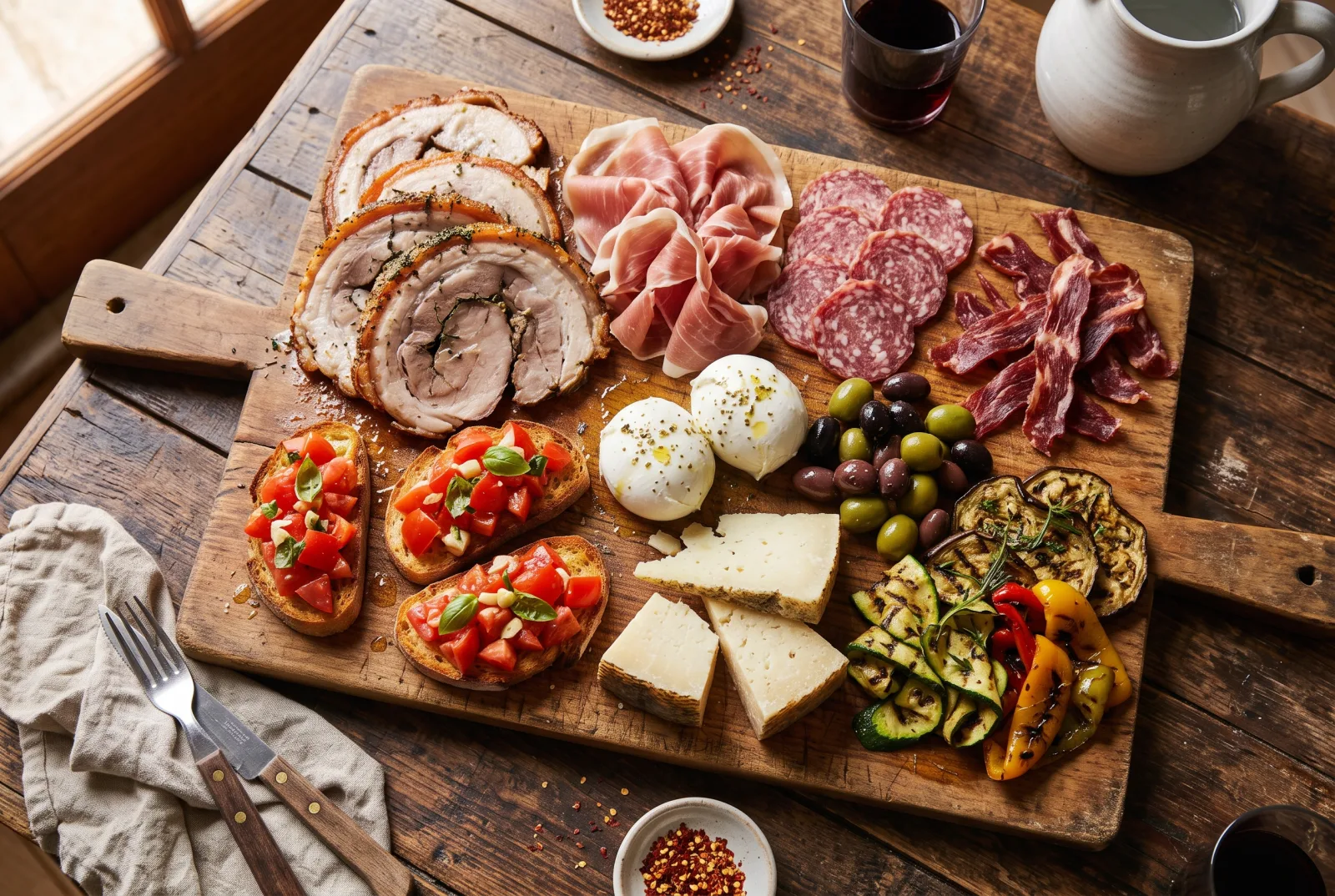 L'antipasto della casa da Sora Lella: porchetta, salumi, mozzarella, formaggi e bruschette su tagliere di legno
