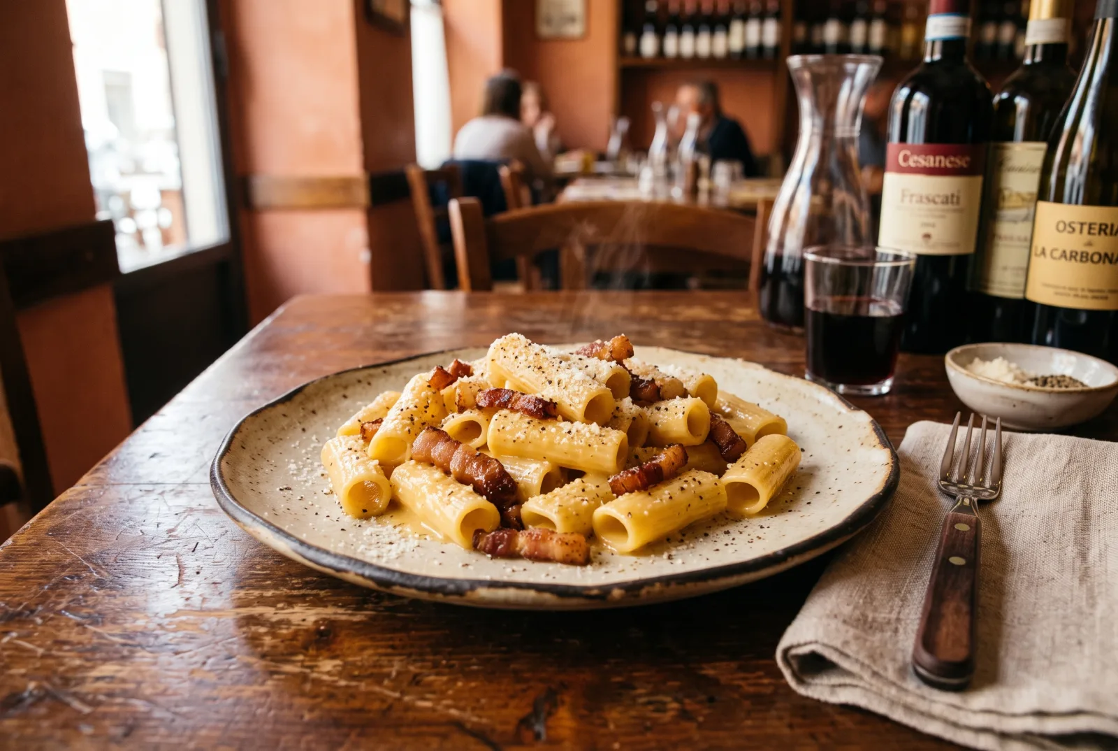 Rigatoni alla carbonara da Sora Lella con guanciale croccante, uovo e pecorino