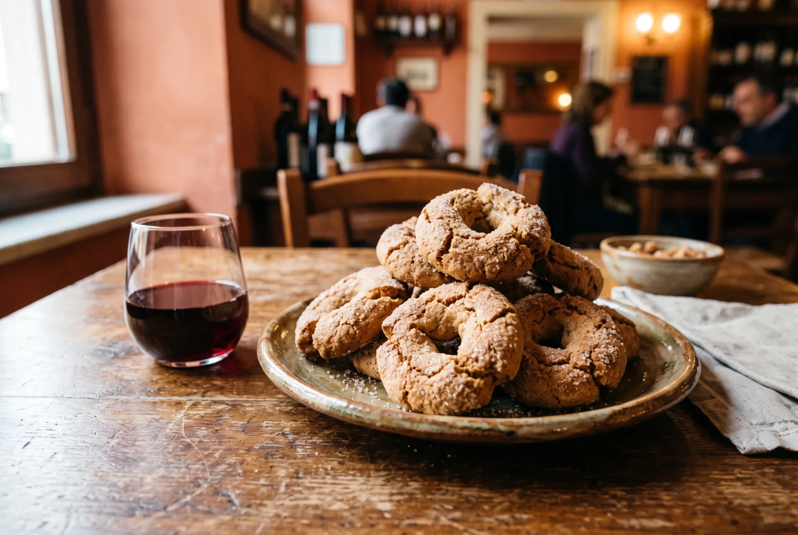 Ciambelline al vino con un bicchiere di Romanella