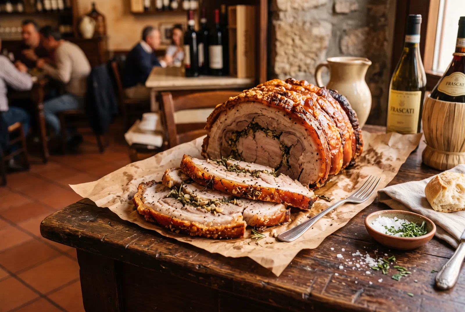 Porchetta di Ariccia da Sora Lella: rosolata con crosta croccante e ripieno di erbe, tagliata a fette su carta da forno